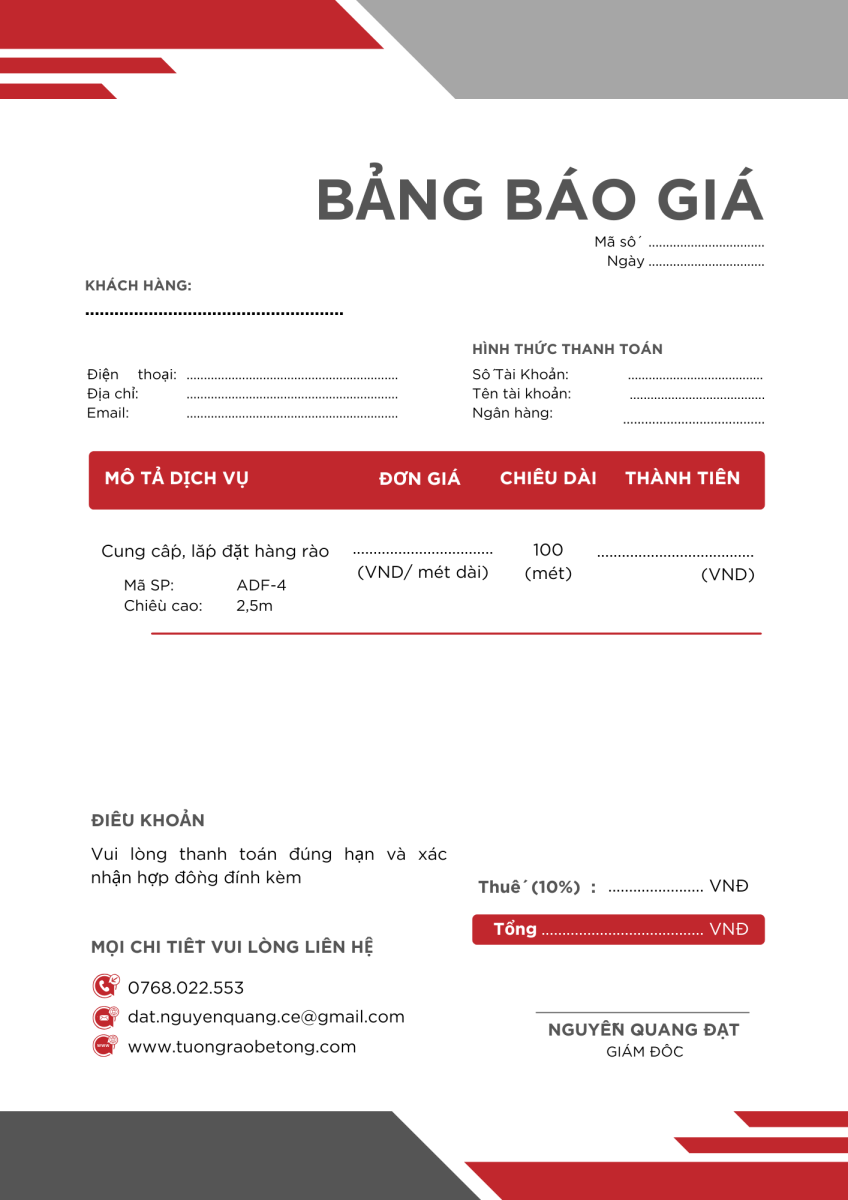 Báo giá hàng rào chi tiết - rõ ràng